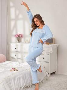 Fluffy Collared Cute Lace Women Pajamas Set - Multicolor - View 6
