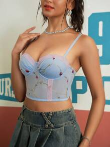 SHEIN 女士刺绣网眼拼接吊带背心 - 淺藍色 - 查看 4