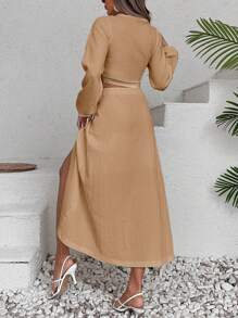 RueChic Women's Crossed Bowknot High Slit Romantic Vacation 2-Piece Set - Beige - View 2
