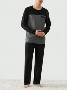 2pcs Men's Color Block Patch Crew Neck Long Sleeve Shirt And Pants Loungewear Set, Fall Clothes - Black - View 3