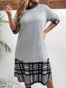 SHEIN LUNE Plus Size Plaid Patchwork Casual  Cotton Dress, Spring And Autumn - Grey - View 1