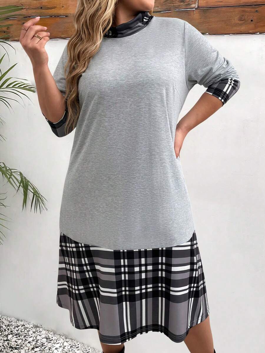 SHEIN LUNE Plus Size Plaid Patchwork Casual  Cotton Dress, Spring And Autumn - Grey - View 1