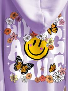 SHEIN 少女休闲简约宽松加厚抓绒卫衣，印有笑脸图案，适合秋冬季穿着 - 淡紫色 - 查看 3