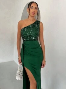 Glamine Asymmetrical And Sequin Patchwork, High Waisted Side Pleated And Open Elegant Dress, Women's Long Skirt,Party Dresses,Birthday Women Outfits,Green Women Dresses,Dinner Outfit,Bridesmaid Dresses,Sexy Dresses,Semi Formal Dresses,Formal Gown Maxi Women Outfit - Dark Green - View 4