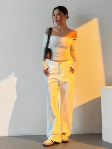 SHEIN EZwear بلوزة بياقة على الكتف، كم طويل، ملفوفة، مضبوطة، أنيقة، أنيقة وحلوة للنساء - أبيض - مشاهدة 5