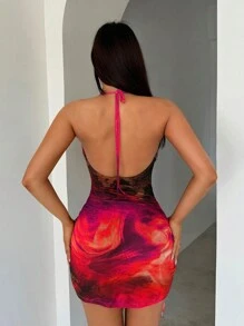 SHEIN SXY Summer Sexy Net Mesh Tie-Dye Print Hollow Halter Backless High Slit Ruffle Hem Bodycon Mini Dress Cut Out Dress - Dusty Pink - View 2