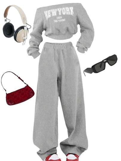 SHEIN Explorewe 2pcs/Set Teen Girls Casual Streetwear Off Shoulder Sweatshirt And Sweatpants Outfit