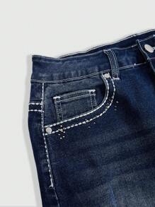 ROMWE 仿旧复古低腰粗条纹撞色十字水钻缀饰女式牛仔半身裙