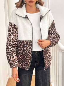 Chiquease Leopard Print Mixed Fluffy Jacket Fall Cloth For Women - Coffee Brown - View 1