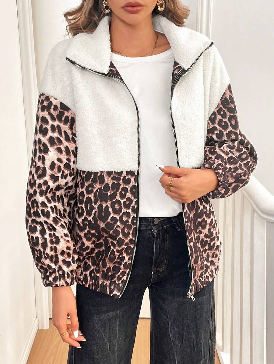 Chiquease Leopard Print Mixed Fluffy Jacket Fall Cloth For Women - Coffee Brown - View 1