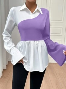 SHEIN Privé Áo sơ mi dài tay màu tương phản đen trắng thoải mái thường ngày cỡ lớn dành cho nữ có viền rộng - Màu tím - Xem 1