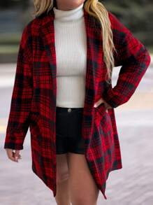 SHEIN LUNE Klassischer roter & schwarzer karierter Lässig mantel mit Tasche, Große Größen