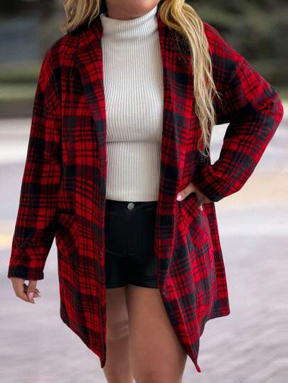 SHEIN LUNE Classic Red & Black Plaid Pocket Casual Overcoat, Plus Size