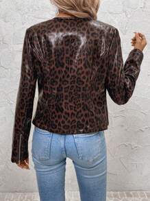 Ellevyn Women's Leopard Print PU Lined Thick Front Zip Up Jacket