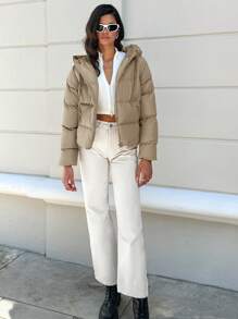 EURMUSE Zip Up Hooded Puffer Coat - Beige - View 4