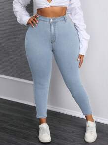SHEIN SXY Quần Jeans Denim Màu Trơn Đơn Giản Mặc Hàng Ngày Cho Nữ Cỡ Lớn - Rửa nhẹ - Xem 6