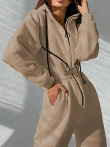 INAWLY Mono de manga larga con cremallera y bloque de color, con corte ajustado en la cintura, uso diario casual para mujer - Caqui - Ver 2