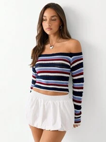 SHEIN Unity Off Shoulder Long Sleeve Striped Simple Sweater, Casual Daily Wear, Knit Pullover Fall Winter - Multicolor - View 4