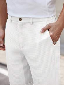 HIMLAND 男士编织纯色短款中腰直筒短裤，适合春夏季日常穿着 - 白色 - 查看 4