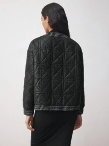 BizChic Abrigo acolchado sobretallado de pana negra, uso casual elegante para mujer, apropiado para vacaciones, Acción de Gracias, Año Nuevo - Negro - Ver 2