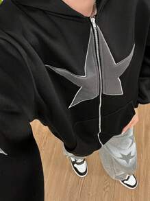SHEIN Sudadera negra para adolescentes con diseño de parche de estrella y pentagrama, adecuada para otoño e invierno, uso casual y Halloween - Negro - Ver 5
