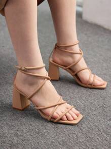 CUCCOO BIZCHIC Sandale cu curele la gleznă, cu bretele caise, toc gros, pentru navetă, întâlniri, petrecere, nuntă, vacanță Crăciun, toamnă, vacanță de revelion