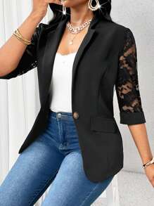 SHEIN Lady Autumn And WinterElegantblack KnittedLaceMidiShirt SleeveContrast LaceLapelWomen Blazers - Black - View 7