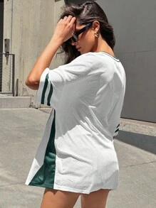 Denimoi Colorblocked Football Jersey Tee With Number Print, Summer Casual Graphic Tees Women