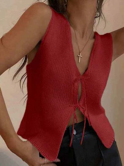 INAWLY Camisa de punto de unicolor sin mangas informal, de verano, para mujer