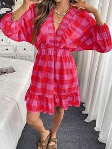 Chiquease Shirred Gathered Puff Sleeve Ruffle Trim Plaid Print Short Sleeve Mini Dress - Pink - View 5