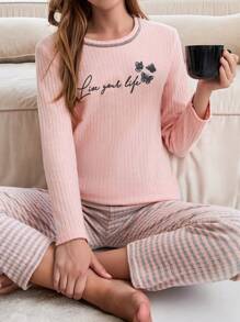 RueChic 100% Cotton 2Pcs  Injection Slogan Printed Detail Shirt And Striped  Long Bottom Lounge Set - Apricot - View 1