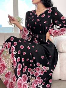 Modelyn 优雅花卉印花灯笼袖连衣裙，春/秋