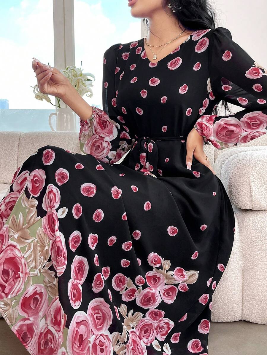 Modelyn 优雅花卉印花灯笼袖连衣裙，春/秋