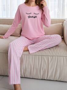 EURMUSE Cotton 2Pcs  Eye Printed Shirt And Striped Long Bottom Pj Set - Pink - View 1