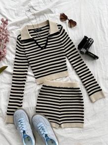 Soleia WYWH 女士度假条纹休闲针织两件套、有领长袖上衣、短裤针织套装 - 黑與白 - 查看 5