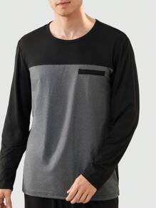 2pcs Men's Color Block Patch Crew Neck Long Sleeve Shirt And Pants Loungewear Set, Fall Clothes - Black - View 9