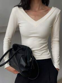 DAZY Camiseta de mujer de cuello en V de unicolor con forro térmico, casual y versátil para otoño e invierno