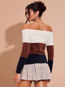 Glamine Off Shoulder Color Block Loose Knitted Sweater For Women, Fall Winter - Multicolor - View 2