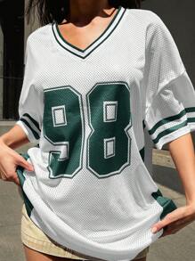 Denimoi Colorblocked Football Jersey Tee With Number Print, Summer Casual Graphic Tees Women