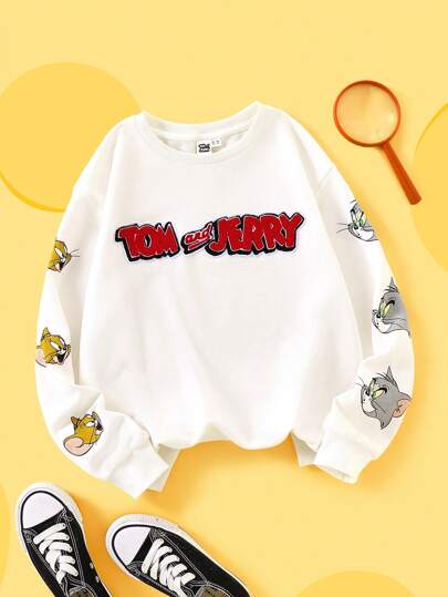 TOM & JERRY X SHEIN 1 件白色 Tween Boy 卡通印花落肩超大款运动衫