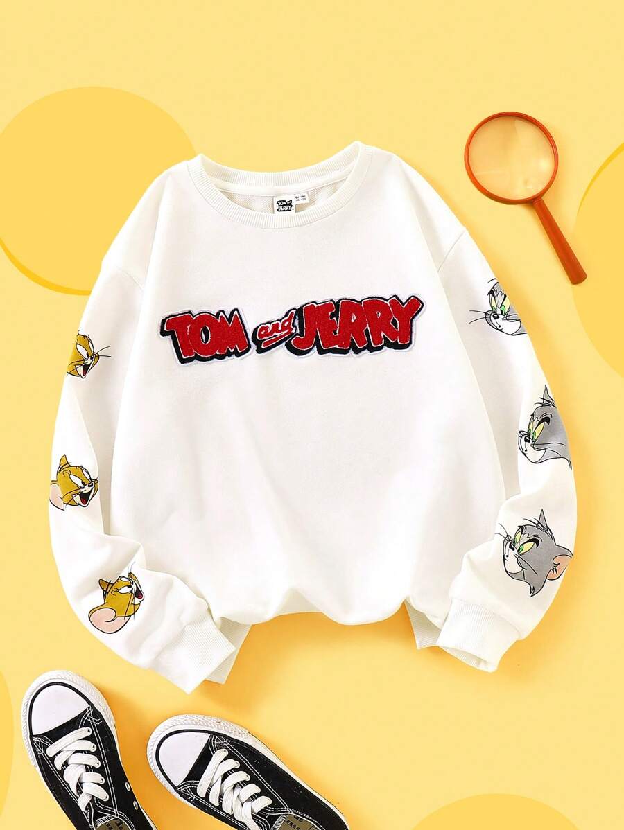 TOM & JERRY X SHEIN 1 pieza Sudadera oversize de hombros caídos con estampado de dibujos animados para niño preadolescente en blanco - Blanco - Ver 1
