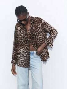 Maija 女士豹纹落肩长袖宽松休闲衬衫，飘逸夏日 - 棕色 - 查看 1