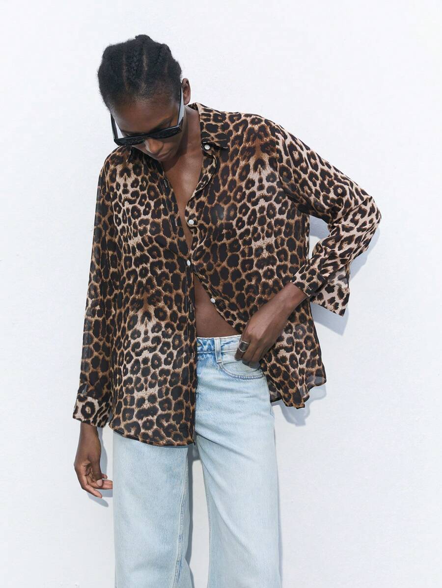 Maija 女士豹纹落肩长袖宽松休闲衬衫，飘逸夏日 - 棕色 - 查看 1