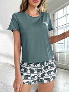 大象印花短袖短裤睡衣套装 - 霧霾藍 - 查看 3