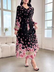 Modelyn 优雅花卉印花灯笼袖连衣裙，春/秋