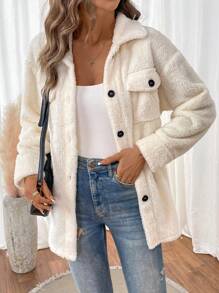 SHEIN LUNE Women's Warm Reversible Fleece Jacket With Dual Pockets For Fall/Winter - Apricot - View 1