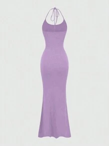 Sweetra Women Solid Color Minimalist Halter Tie Neck Velvet Long Homecoming Dress Maxi Women Outfit - Mauve Purple - View 2