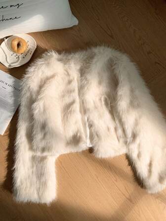 SHEIN Privé Plus Size Solid Color Fluffy Collar-Less Coat, Autumn & Winter