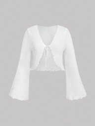 SHEIN MOD Blusa con escote en V, mangas abullonadas, lazo anudado, mangas acampanadas, tops de talla grande, blusa blanca