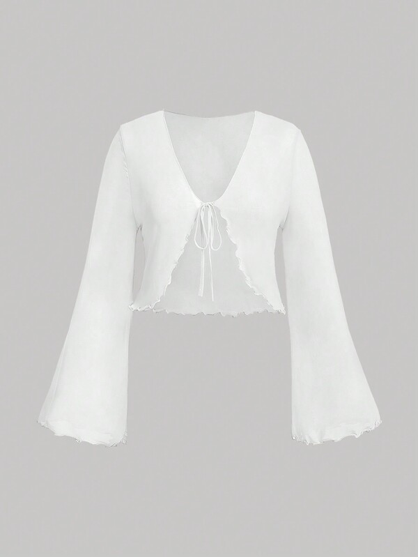 SHEIN MOD Plus Size V-Neck Flare Sleeve Tied Bow Blouse Bell Sleeve Toptops Whiteblouse White